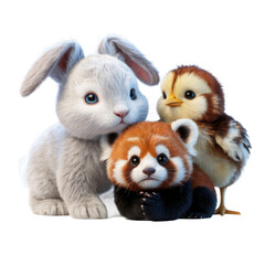 Obraz premium Adorable plush friends a cute bunny red panda and chick gathered together for a sweet and whimsical moment capturing childhood wonder isolated on transparent background
