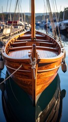 Wooden boat in a marina at dawn