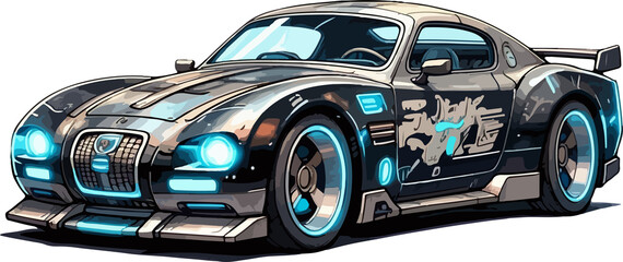 Obraz premium A classic, shiny black sports car and a new blue toy vehicle are isolated on a white background, ready to drive fast