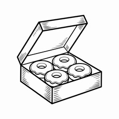 donut, box, food, bakery, sweet, vector, illustration, dessert, snack, pastry, treat, doughnut, chocolate, icing, bakery, sugar, graphic, sketch, delicious, packaging, foodbox, cartoon, hand-drawn, de