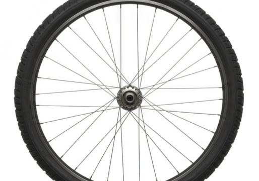 Closeup of a bicycle wheel with spokes and tire, isolated on a transparent background