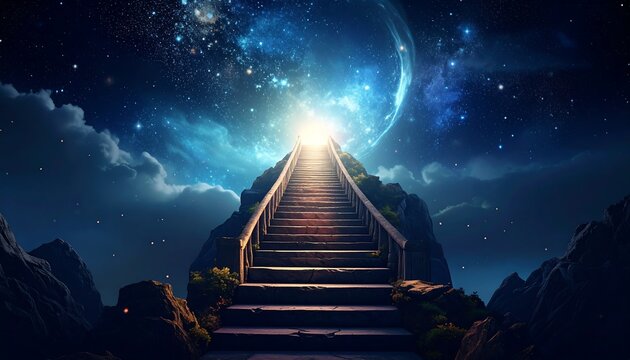 An illuminated stairway ascends towards a radiant celestial light in the vast night sky, symbolizing a journey of profound aspiration, spiritual growth, and endless possibilities