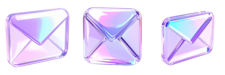 Three Dimensional Holographic Envelope Icons In Iridescent Colors Against A Transparent Background