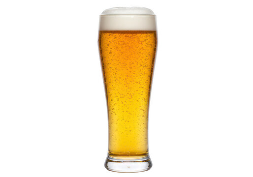 A tall glass of golden lager beer with frothy foam and bubbles, isolated on transparent background