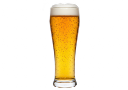 A tall glass of golden lager beer with frothy foam and bubbles, isolated on transparent background