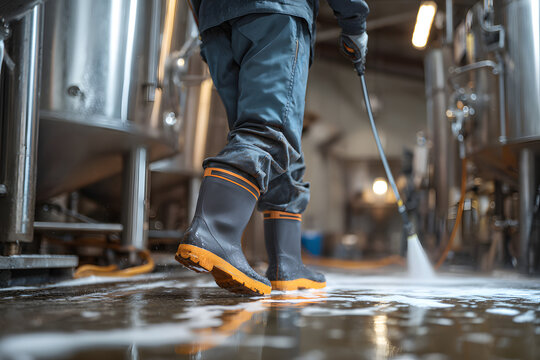 Brewery worker in waterproof boots and protective clothing cleaning the brewery floor with disinfectant foam and a pressure washer, ensuring hygiene and sanitation