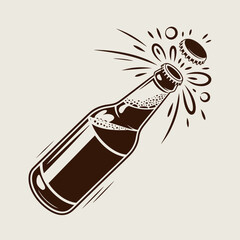 beer, bottle, pop, cap, vintage, illustration, vector, drink, beverage, opened, alcohol, carbonation, explosion, foam, sketch, fizzy, party, refreshment, carbonation, toast, fun, draft, cheers, celebr