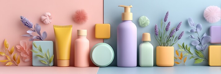 Cosmetic packaging mockup set with pastel tones and flat lay composition