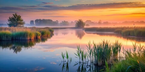 Obraz premium Serene wetlands at dusk with misty water and cattails swaying in gentle breeze
