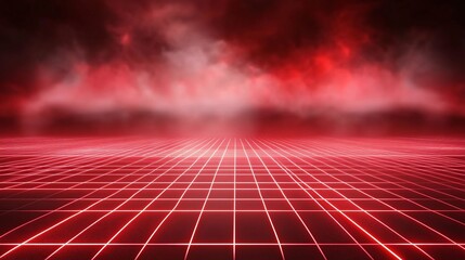 Red grid pattern on a dark surface with a foggy background.