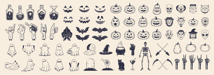 Halloween vintage icons set. 74 Halloween vintage icons and silhouettes isolated on white background. Ghosts, Zombie Hands, Pumpkins, skeleton icons. Vector illustration