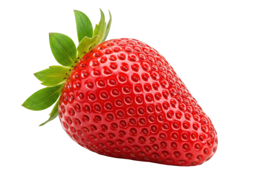 A single ripe red strawberry with green leaves, isolated on a transparent background, highlighting its texture and natural beauty