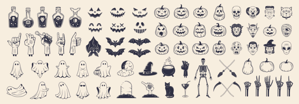 Halloween vintage icons set. 74 Halloween vintage icons and silhouettes isolated on white background. Ghosts, Zombie Hands, Pumpkins, skeleton icons. Vector illustration - Powered by Adobe
