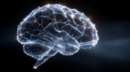 Glowing neural brain network with light connections on dark background.