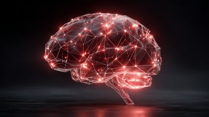 Digital neural connections forming human brain structure with glowing red nodes.