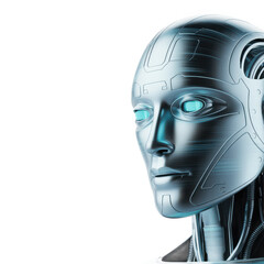 Close-up of a futuristic robotic head with glowing blue eyes symbolizing advanced artificial intelligence and future technology isolated on transparent background