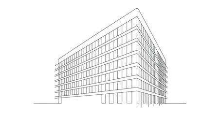 continuous line drawing of modern office building, minimalist architectural illustration for business, urban development, and real estate