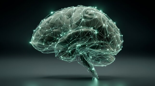 Digital neural brain network glowing with green connections on dark background.