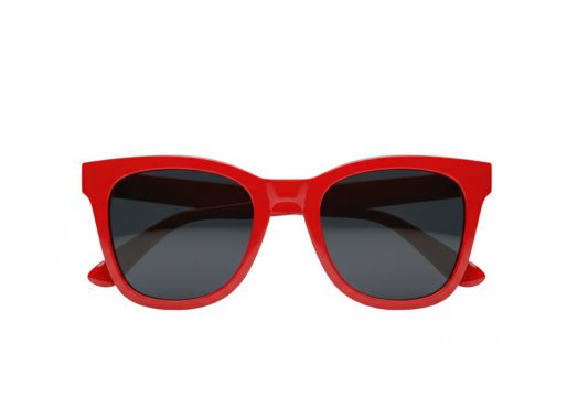 Red framed sunglasses with dark lenses, isolated on transparent background