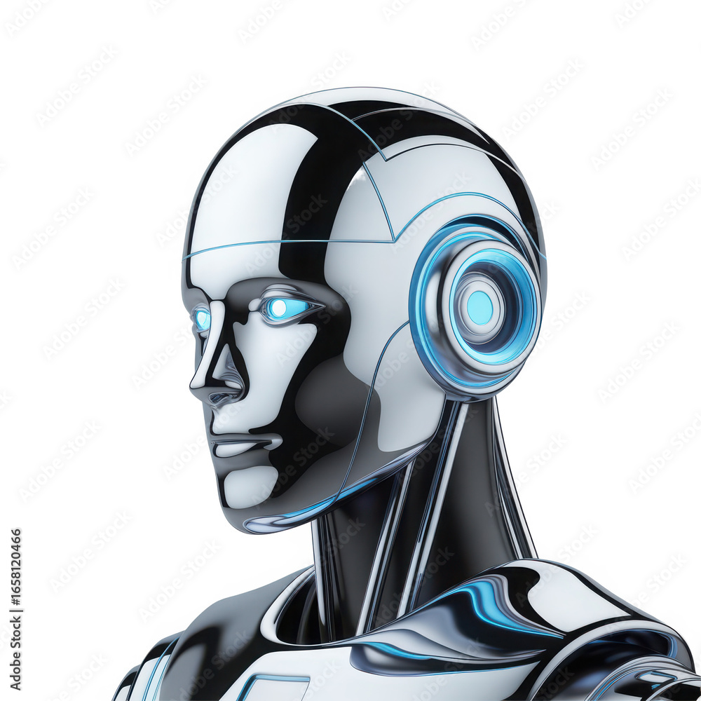 Poster advanced futuristic robot head with glowing blue eyes and sleek chrome metallic design for ai techno