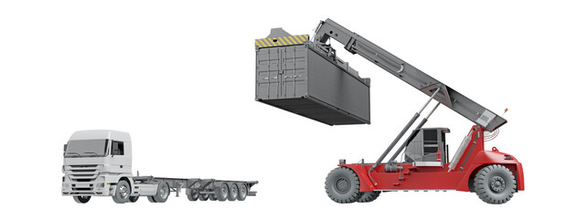 Black 40ft container loading onto truck. Isolated on a transparent background. 3D illustration.