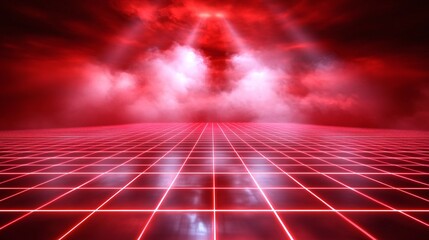 Red grid floor with spotlights in a smoky atmosphere.