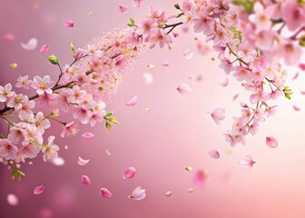 Fototapeta premium Softly falling cherry petals in a vibrant springtime swirl dance across a pastel pink background
