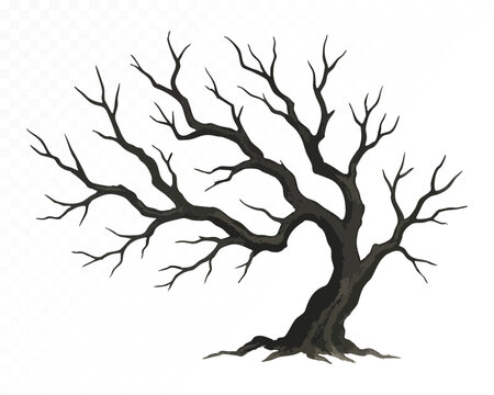 Spooky leafless tree silhouette watercolor illustration, ideal for Halloween, horror themes, haunted forest designs, and seasonal decor. Vector illustration.