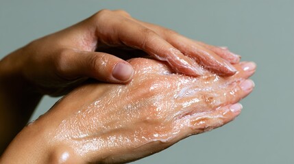 A close-up of a woman's hands, gently massaging a moisturizing cream into her skin, showcasing a serene and caring beauty routine.