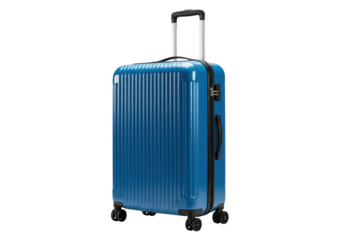 A modern blue hardshell rolling suitcase with a telescopic handle and wheels, isolated on transparent background