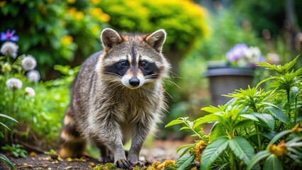 Wild Raccoon Scavenging in the Garden