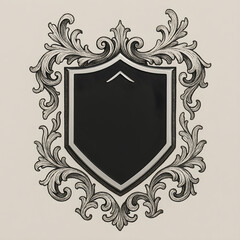 Elegant ornate vintage heraldic shield frame with intricate baroque floral design on beige background