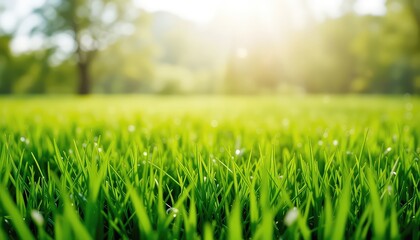 Close up on fresh, vibrant green grass, with a blurry background of trees and sunlight shining through the leaves
