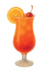 Rum Punch cocktail watercolor illustration, vibrant tropical drink with rum, orange juice, pineapple juice and grenadine, garnished with orange slice and cherry. Vector isolated on white background.