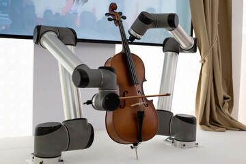 Futuristic robot arm playing violin, showcasing intersection of technology and art. Image highlights the precision of robotic movement as it delicately handles the instrument