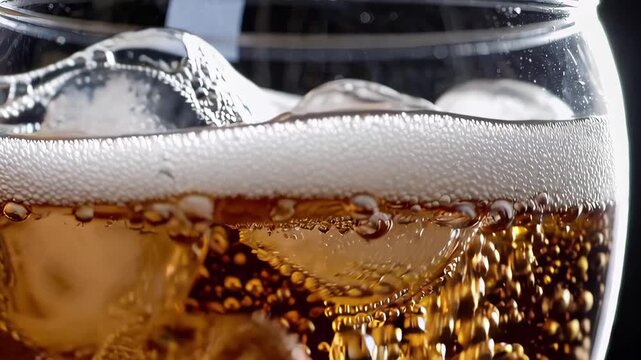 Close-up view of a glass filled with fizzy soda, ice cubes, and refreshing bubbles rising to the surface. The dark, carbonated drink sparkles under the light, creating a thirst-quenching scene.