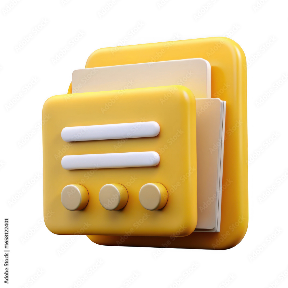 Poster 3d rendered yellow file organizer with documents isolated on transparent background