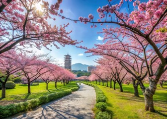 Fototapeta premium Serene Sakura Garden under Clear Sky in Taipei