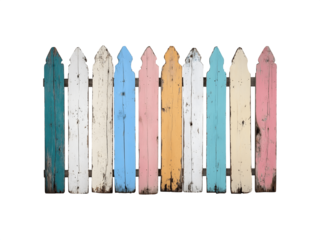 A row of colorful, weathered wooden fence pickets with a rustic, distressed finish