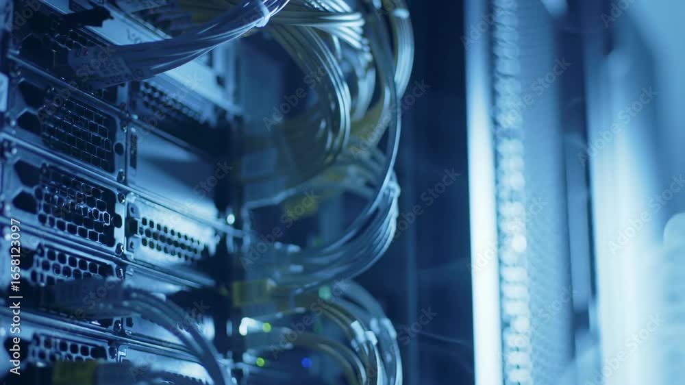 Poster server rack with cables and lights in data center environment.