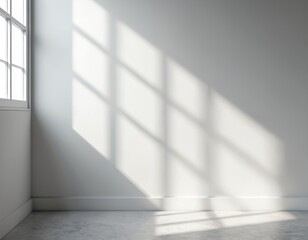 Minimalist interior scene with geometric light pattern from window. Textured grey wall, concrete floor, soft shadows. Empty space for product presentation, copy space for text.