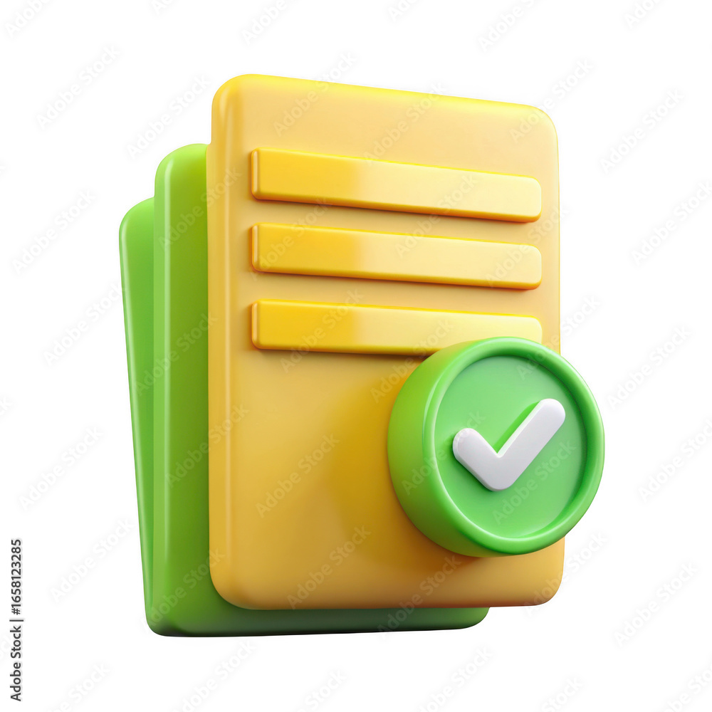 Poster 3d rendered stack of documents with checkmark isolated on transparent background