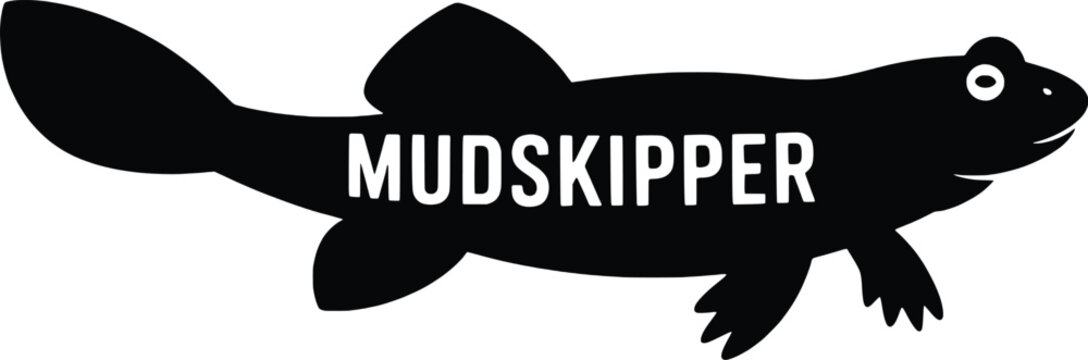 Cute black silhouette mudskipper fish with googly eyes and text