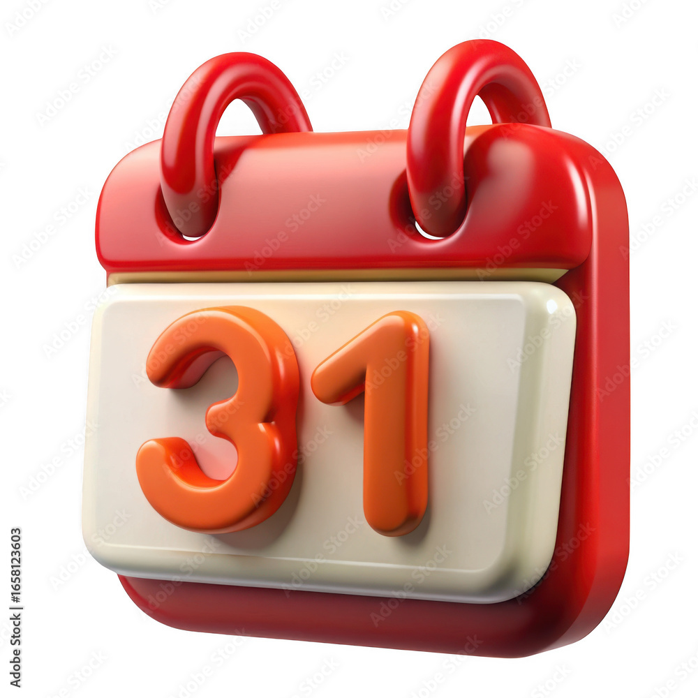 Poster 3d rendered red calendar with 31 displayed isolated on transparent background