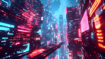 Futuristic Cityscape with Glowing Neon Lights and Digital Displays
