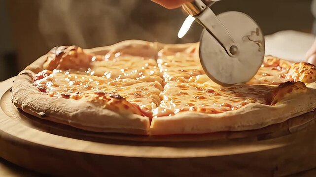 national pizza day hand cutting steaming cheese on wooden board