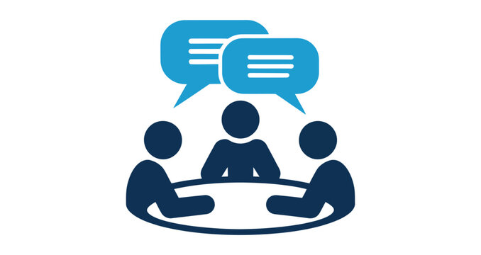 business meeting icon with three people at table and speech bubbles, symbol of teamwork, communication, collaboration, and discussion