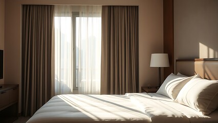 Hotel bedroom with neatly made bed and sunlight filtering through sheer curtains.