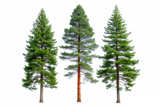 Three coniferous trees isolated on transparent background, featuring vibrant green needles and sturdy trunks, perfect for winter or forest themes