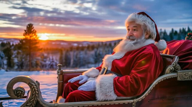 Santa Claus rests in his sleigh, watching a beautiful sunset over a snowy winter landscape before his journey